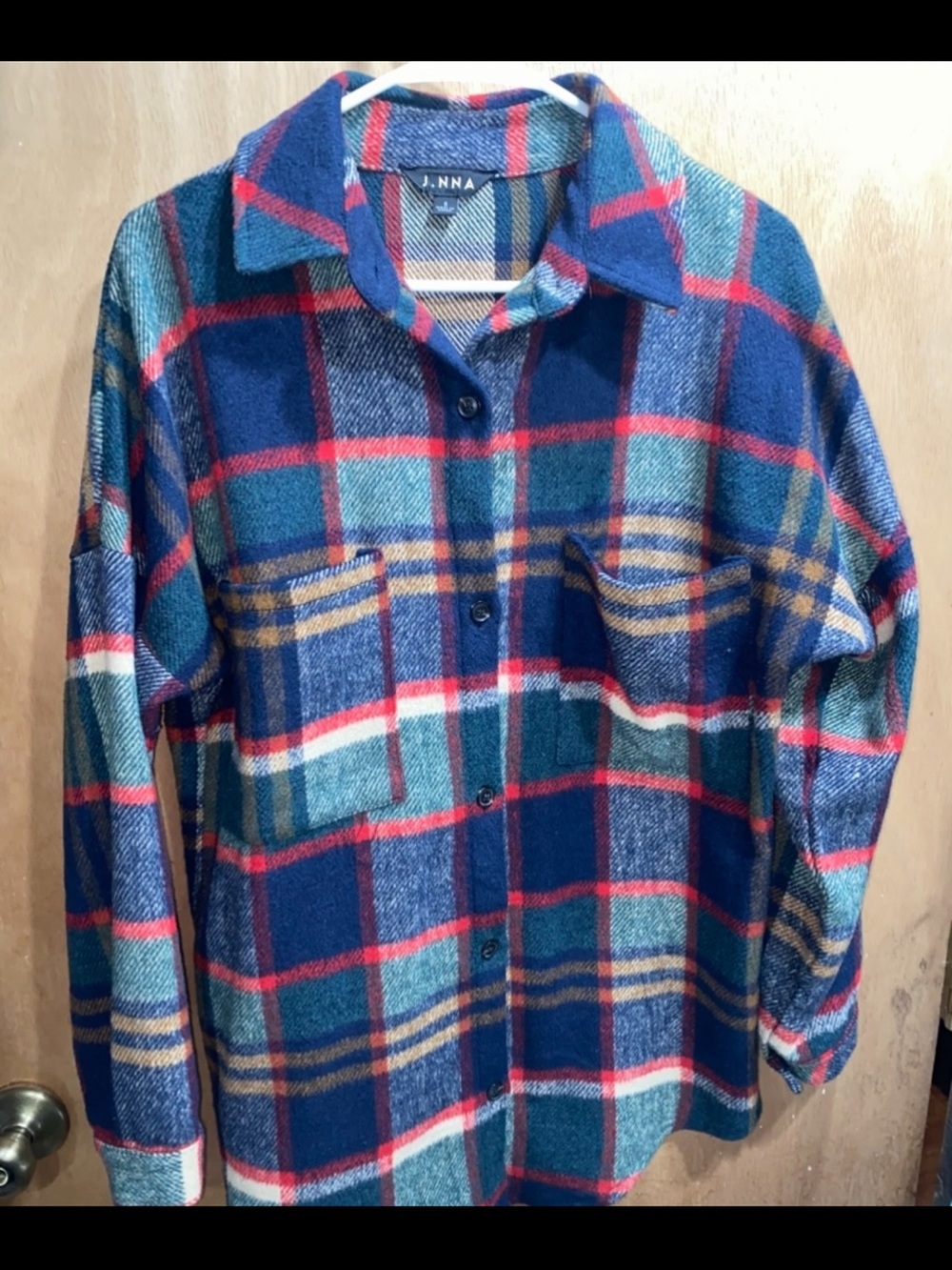 J. NNA Plaid Button-Up Shirt Jacket in Navy and Teal
